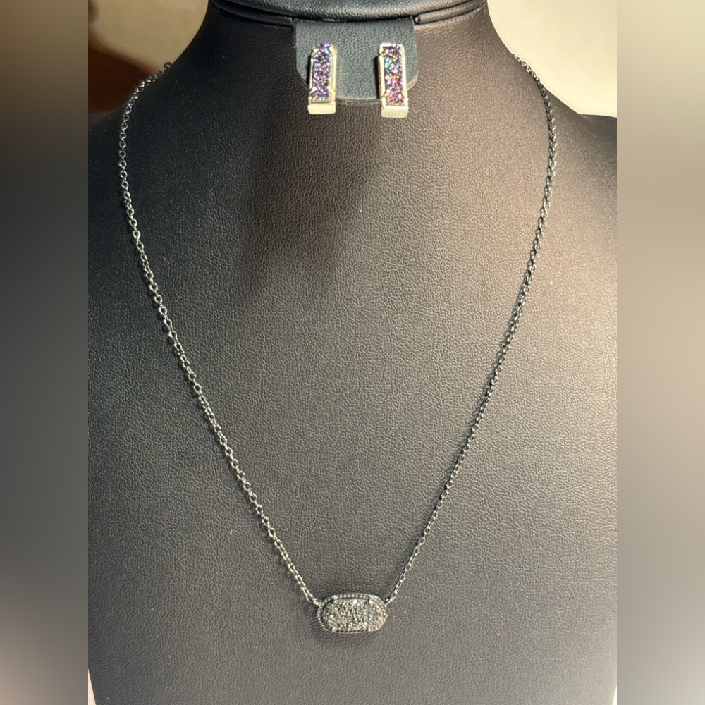 Kendra Scott Elisa Black Drusy Gunmetal Necklace + Lady Drusy Stud Earrings Set